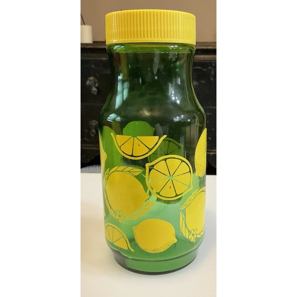 Vintage Anchor Hocking Green Lemonade Jar Green Glass Carafe Yellow Lid 1980s